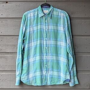 Marine Layer Lightweight 100% Cotton Sage Green Blue Plaid Long Sleeve Shirt MED